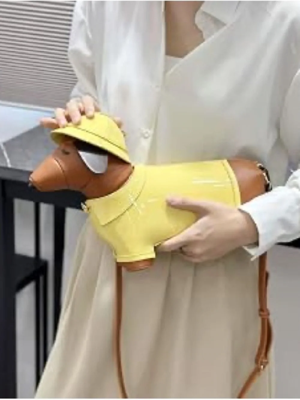 Yellow Dachshund Crossbody Bag with Brown Accents